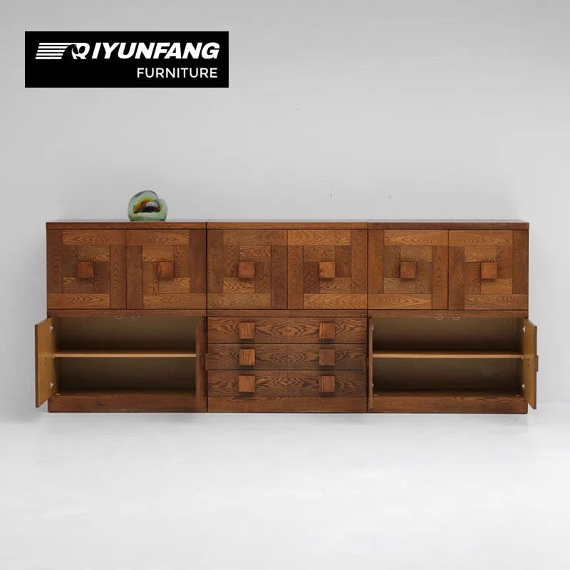 Modern Solid Oak Geometric Entrance Sideboard Cabinet 300cm Brown