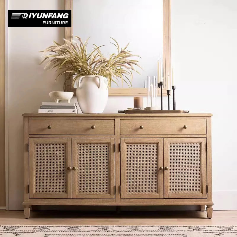 Solid Oak Wood Sideboard with Natural Rattan Storage Retro Style