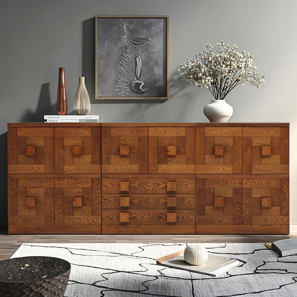 Modern Solid Oak Geometric Entrance Sideboard Cabinet 300cm Brown