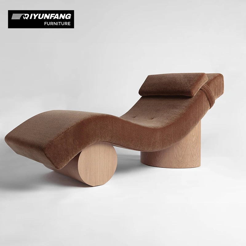 Modern Sculptural Fabric Lounge Chaise Solid Wood Base
