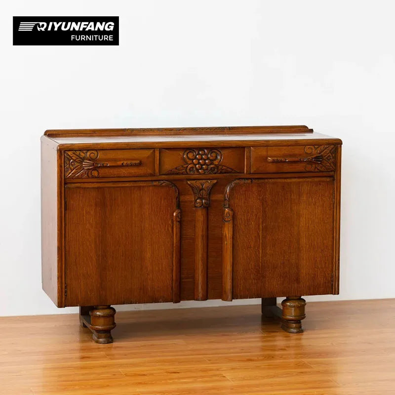 Solid Oak Carved Display Cabinet with Drawers 135cm