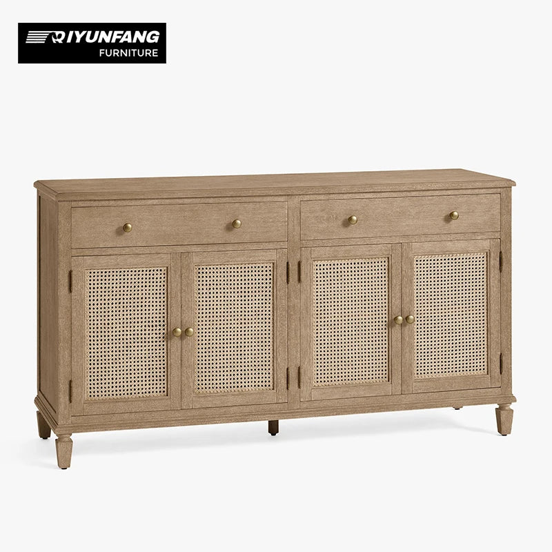 Solid Oak Wood Sideboard with Natural Rattan Storage Retro Style