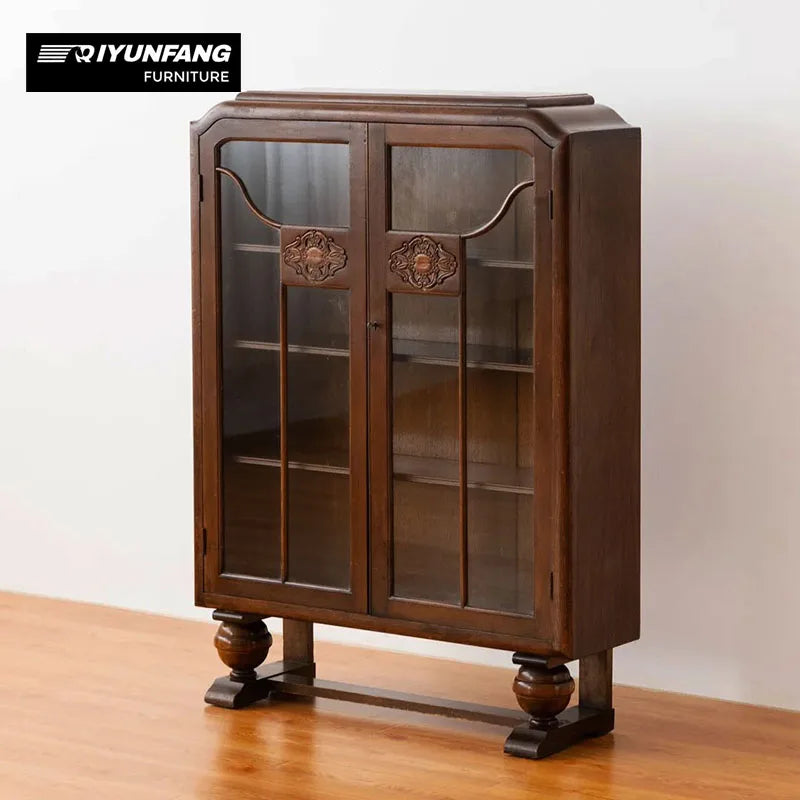 Distressed Cherry Wood Entrance Hall Storage Cabinet with Glass Door