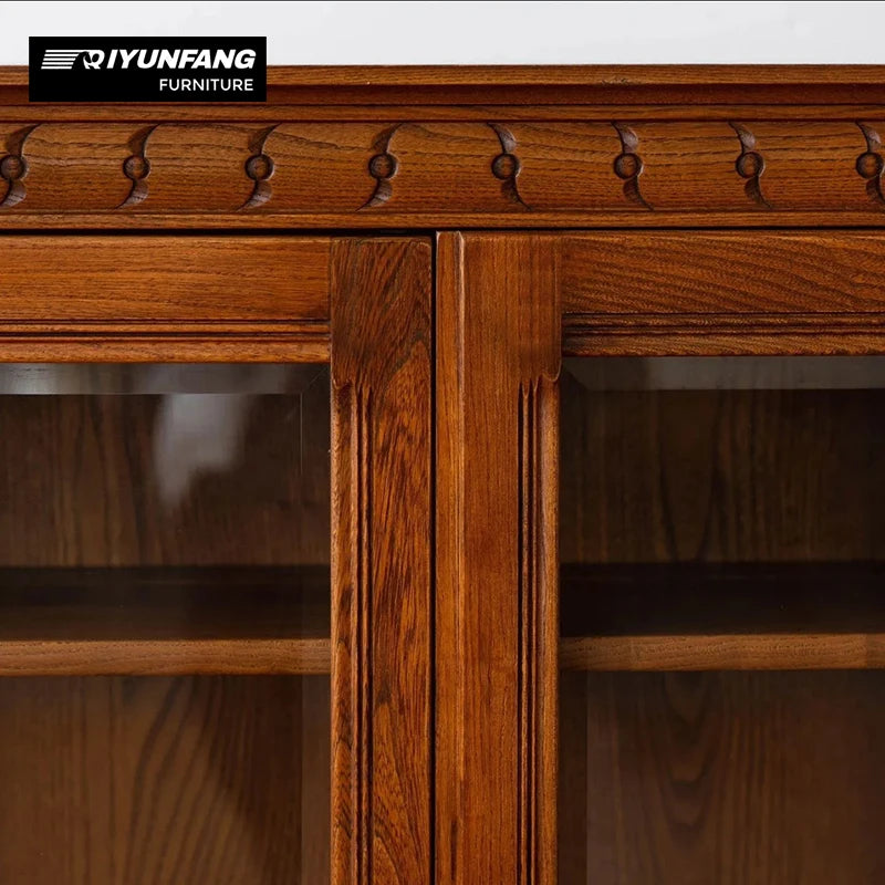 Solid Oak Wood Rustic Dining Hutch Cabinet Glass Display