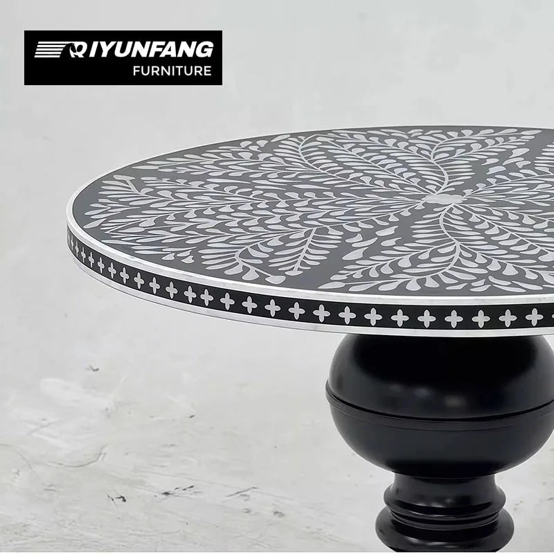 Vintage Hand-painted Round Dining Table Shell Inlay Solid Wood