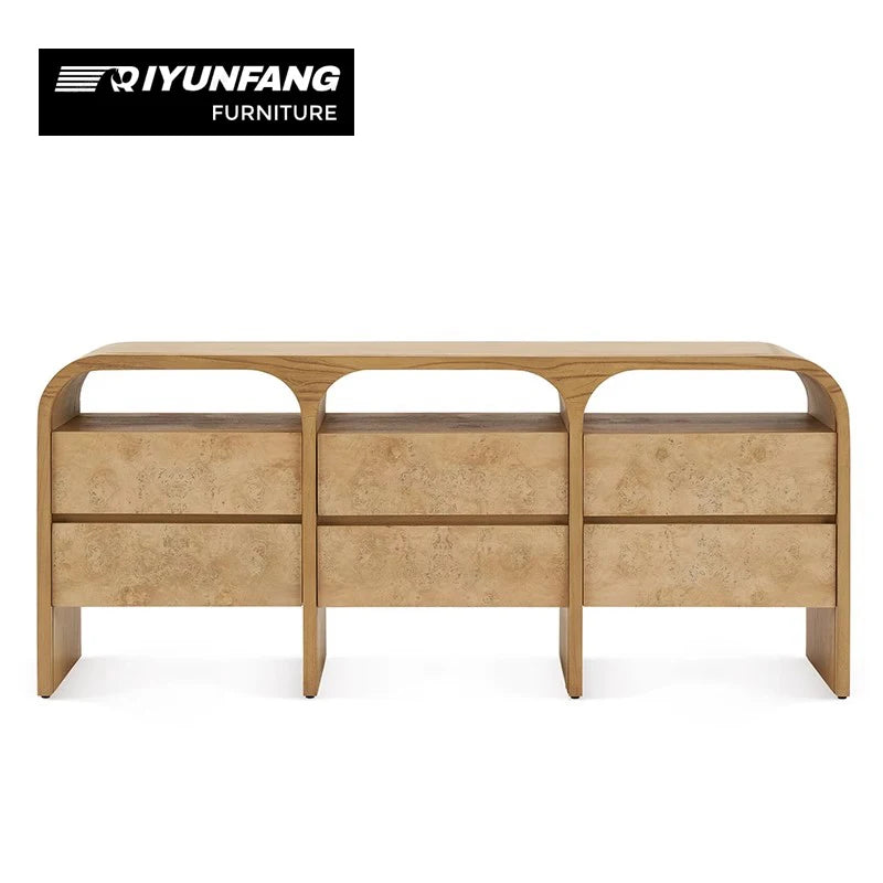 Retro Solid Wood Sideboard Minimalist 6-Drawer Curved Design