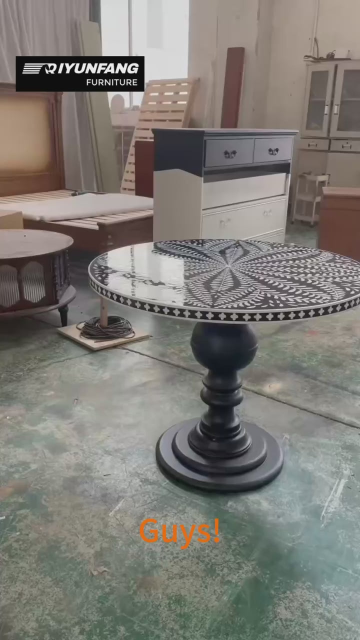 Vintage Hand-painted Round Dining Table Shell Inlay Solid Wood