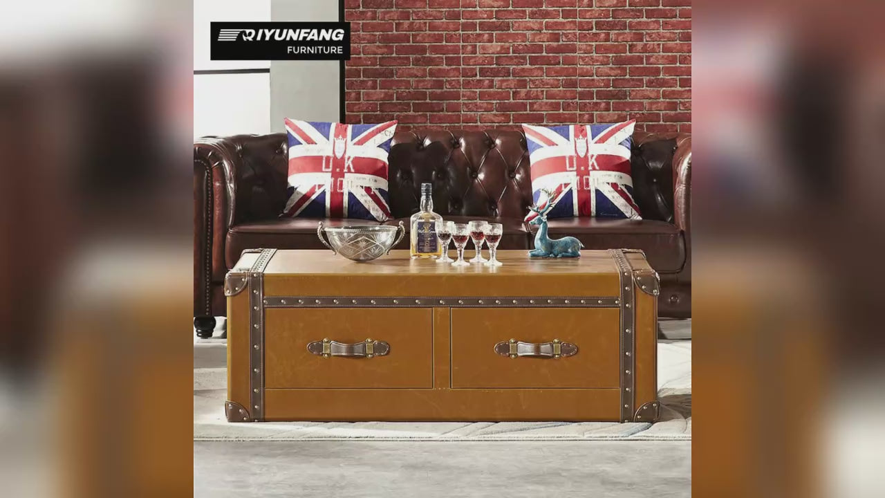 Retro Leather Suitcase Coffee Table with Drawer Storage 120cm