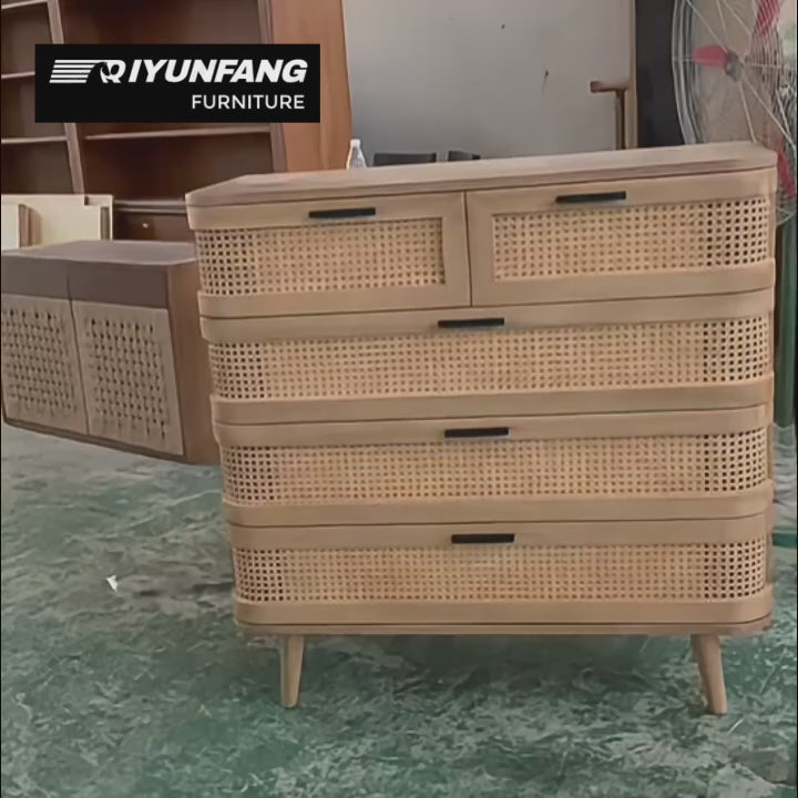 Retro Solid Wood Rattan Five-Drawer Bedside Cabinet 100cm