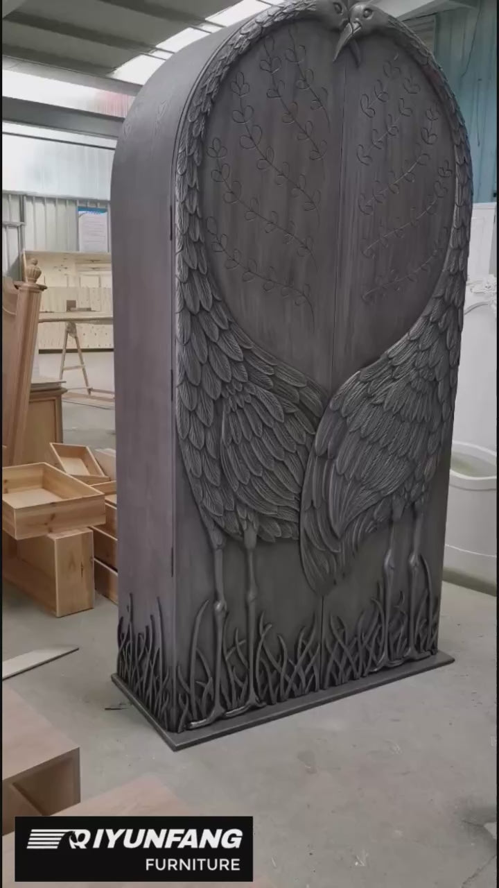 French Modern Solid Wood Wardrobe with Carved Crane 4 Drawers